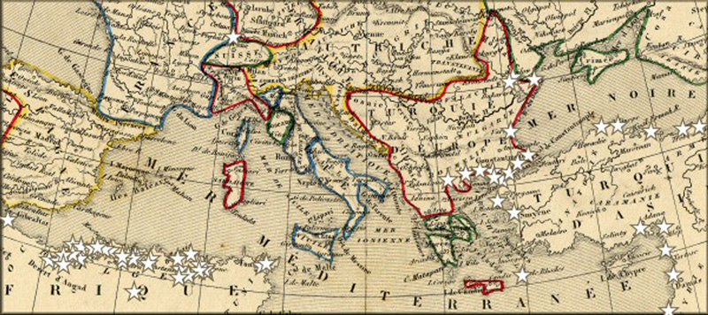 Bureaux de Poste français à l'étranger et en Algérie française vers 1850; carte géographique ancienne d'Alexandre Vuillemin de 1843